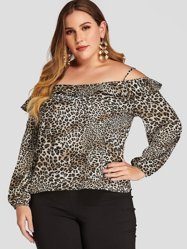 Cold Shoulder Leopard Ruffle Trim Long Sleeve Black Plus Size Tops