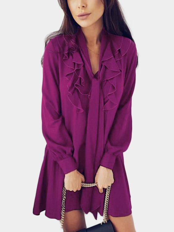 Purple V-Neck Long Sleeve Mini Dress