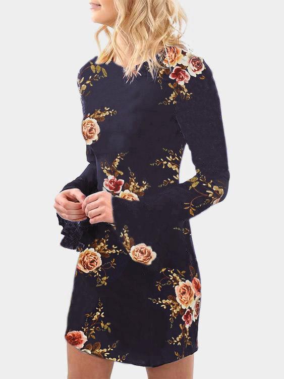 Navy Floral Print Round Neck Long Sleeve Mini Dresses