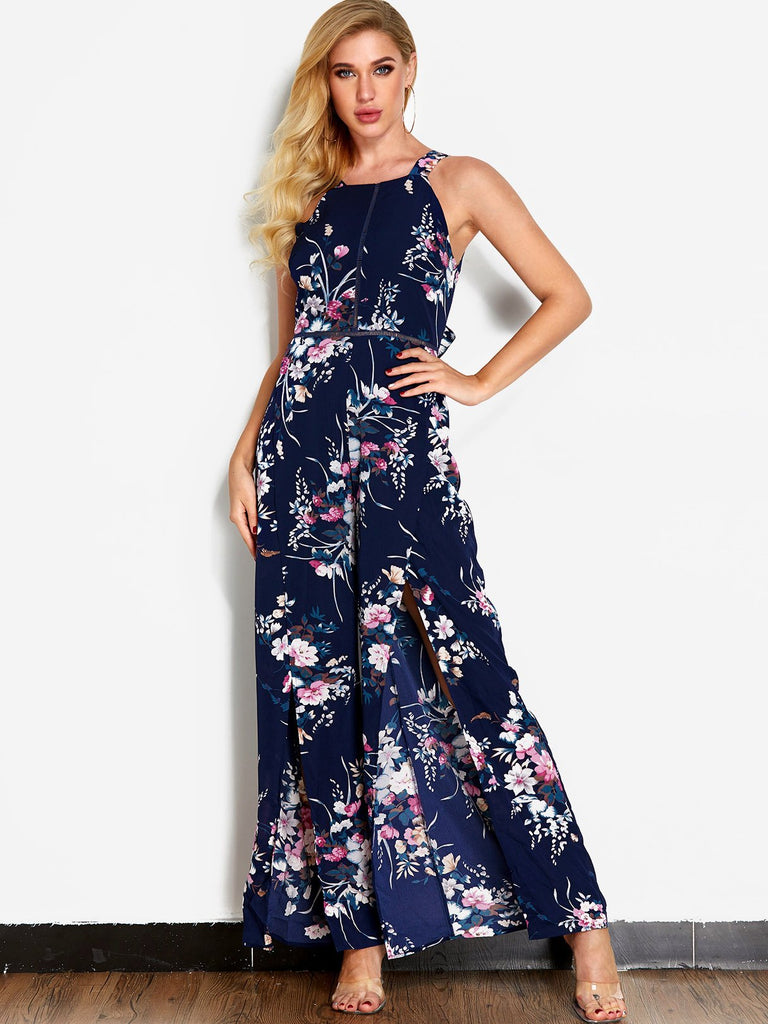 Navy Halter Sleeveless Floral Print Backless Lace-Up Slit Hem Dresses