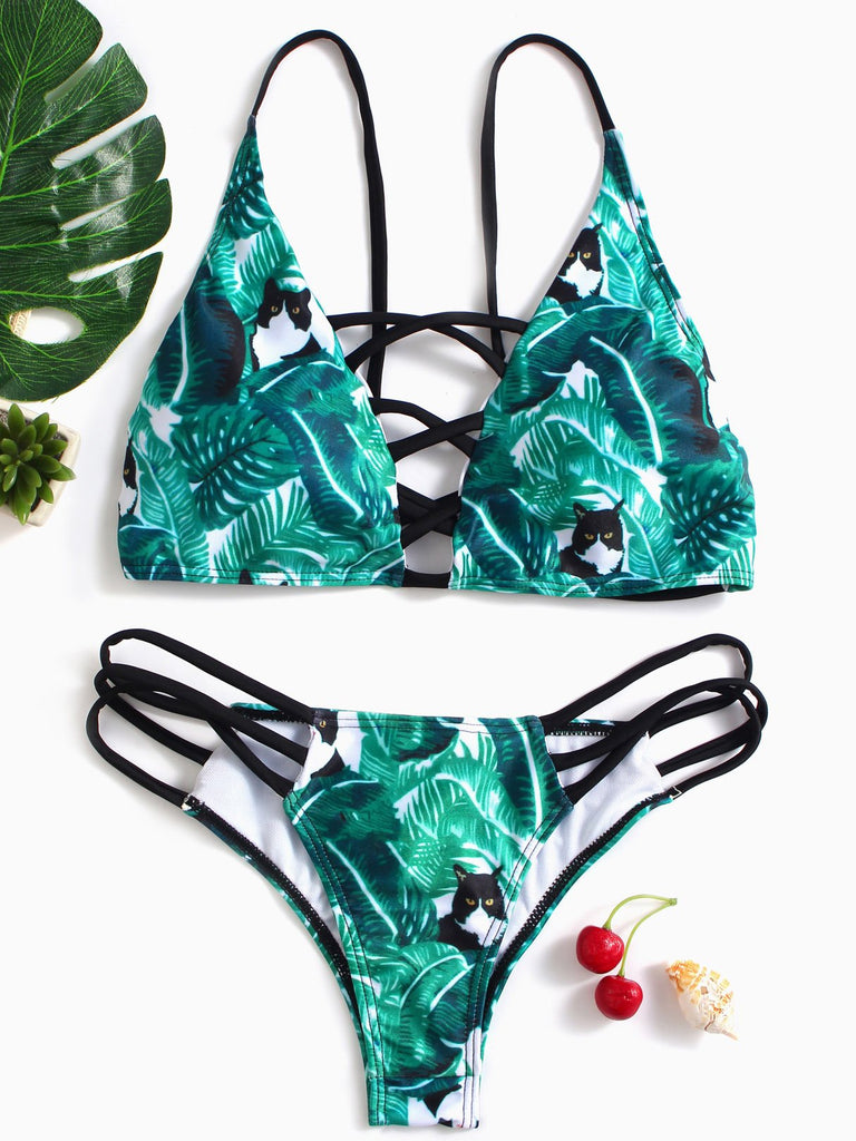 Sleeveless Floral Print Hollow Spaghetti Strap Bikinis