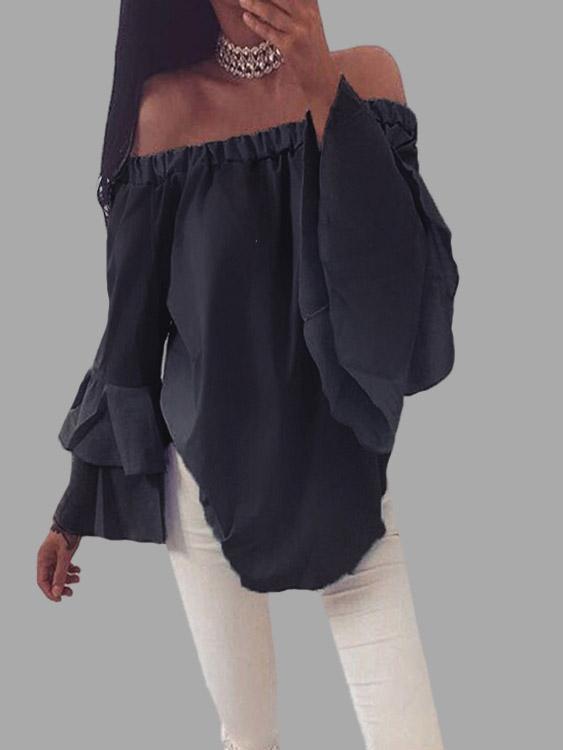 Off The Shoulder Long Sleeve Curved Hem Black Top