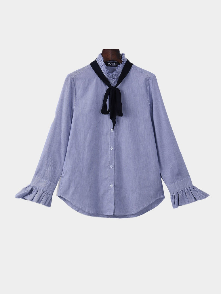 Stripe Pattern Button Closure Pleats Neck Shirt