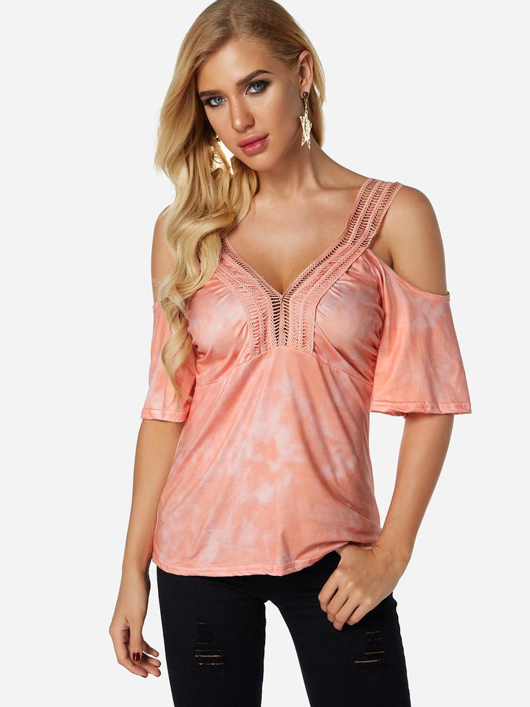 V-Neck Cold Shoulder Plain Lace Hollow Cut Out Pleated Half Sleeve Pink T-Shirts