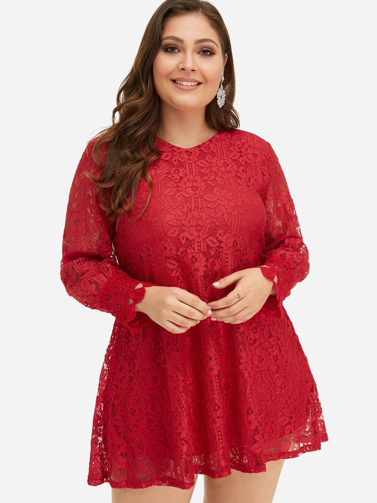 V-Neck Plain Lace Long Sleeve Oversized Dress