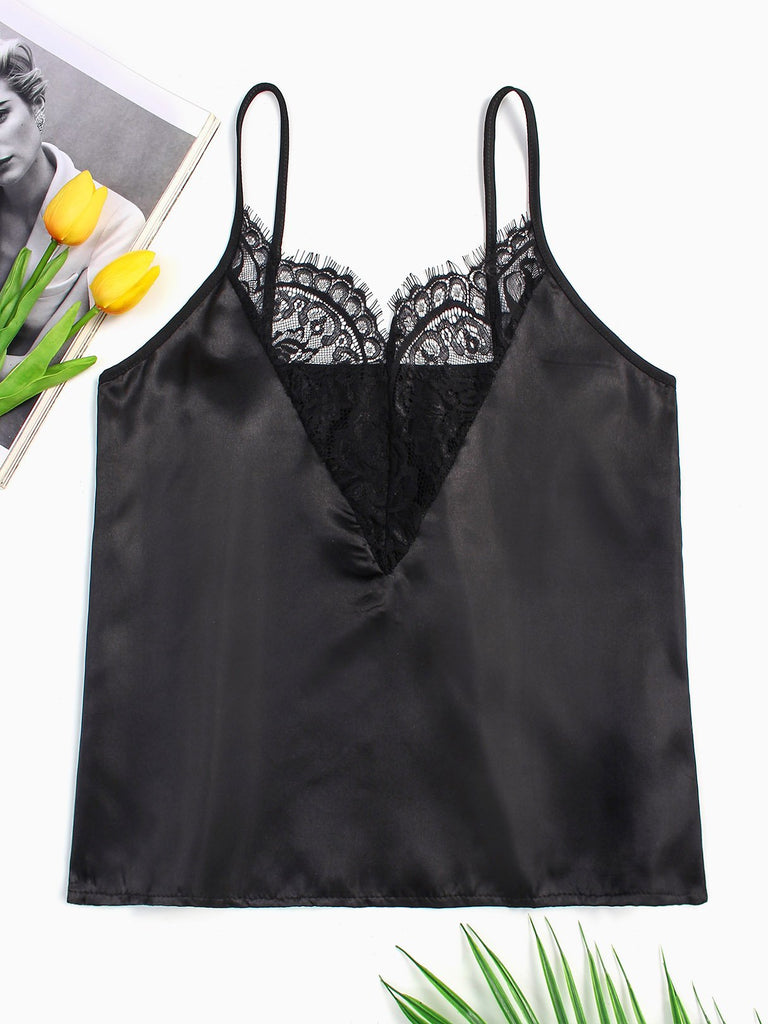 Deep V Neck Lace Black Camis