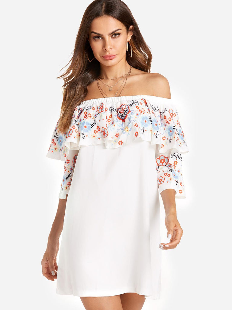 White Off The Shoulder 3/4 Sleeve Length Floral Print Mini Dress