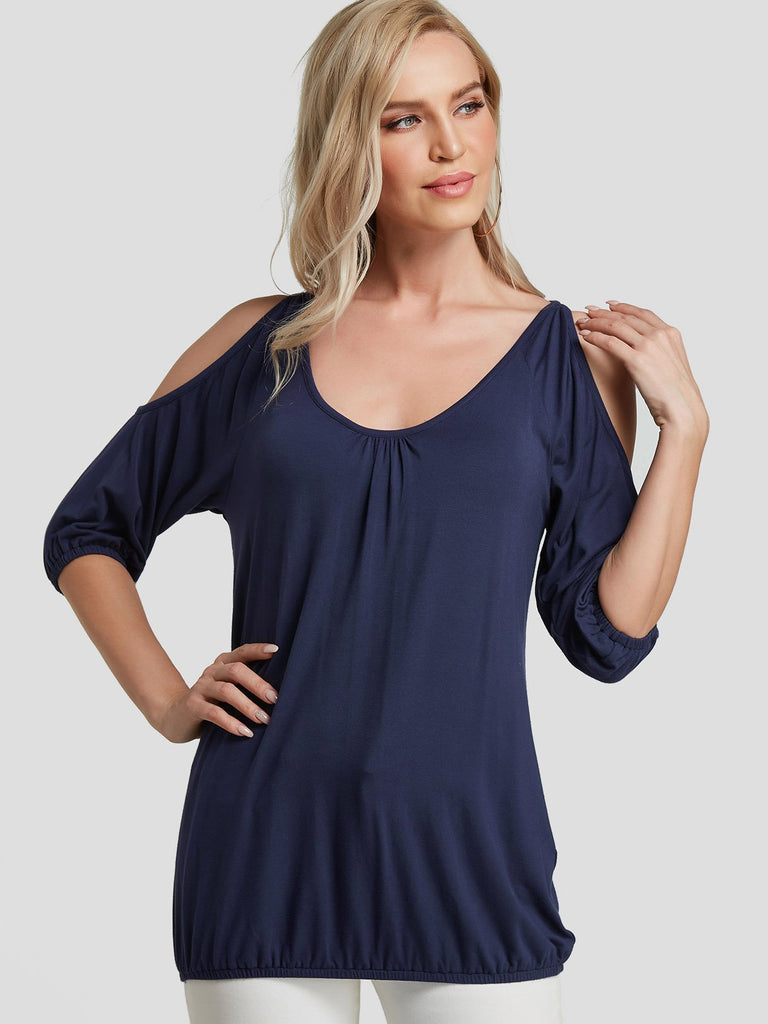 Cold Shoulder Plain Pleated Half Sleeve Navy T-Shirts