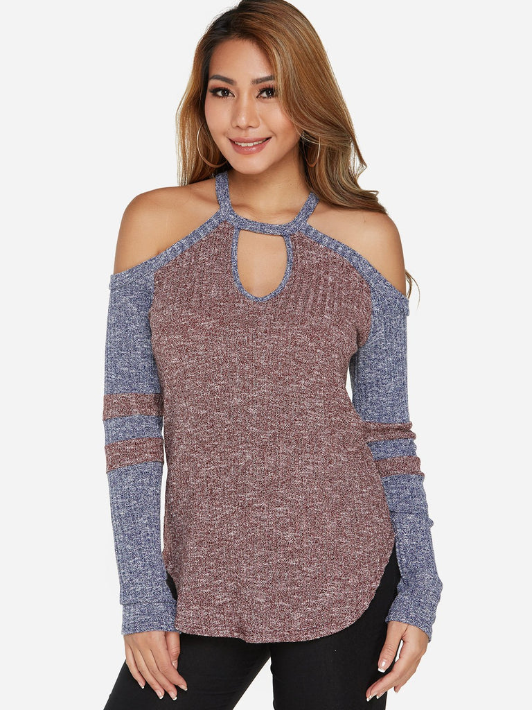 Cold Shoulder Stripe Cut Out Long Sleeve T-Shirts