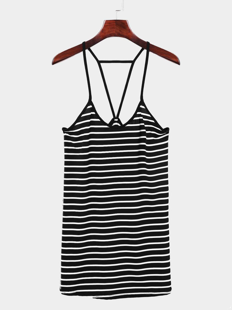 V-Neck Sleeveless Stripe Backless Mini Dress
