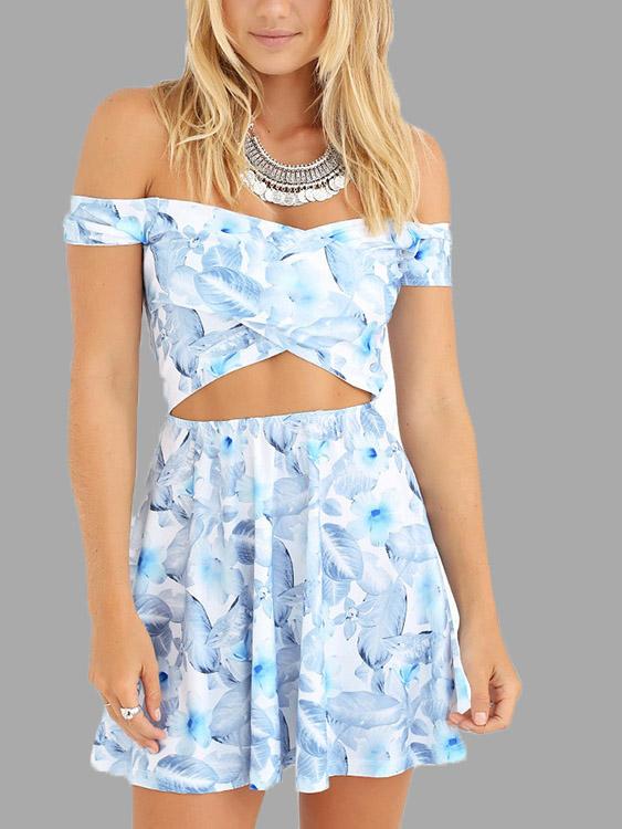 Bateau Off The Shoulder Short Sleeve Floral Print Crossed Front Cut Out Wrap Mini Dresses