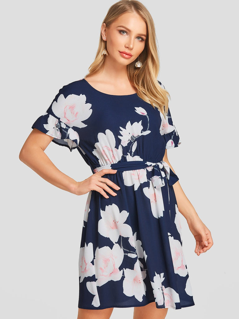 Navy Round Neck Short Sleeve Floral Print Self-Tie Dresses