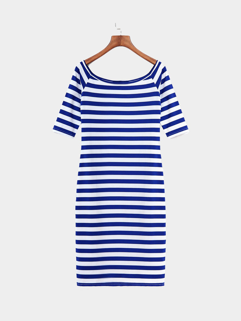 Bateau Off The Shoulder Half Sleeve Stripe Dresses