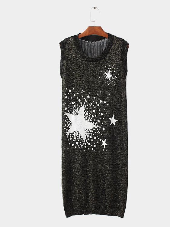 Black Round Neck Sleeveless Star Midi Dress