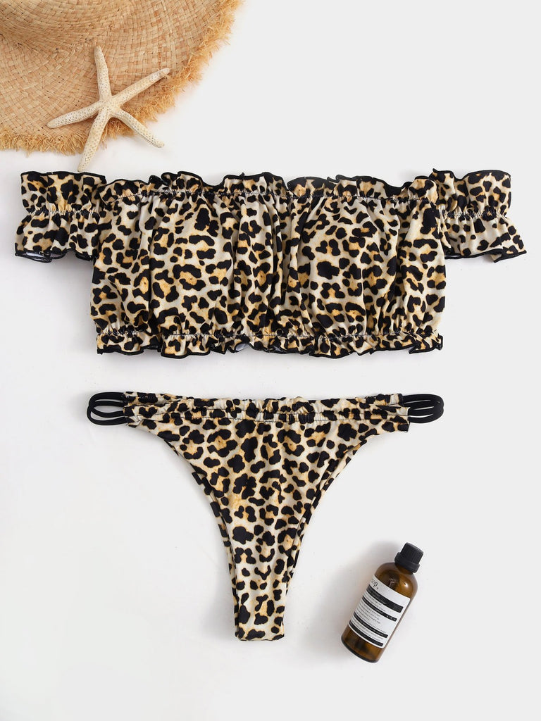 Off The Shoulder Short Sleeve Leopard Two Piece Bikinis