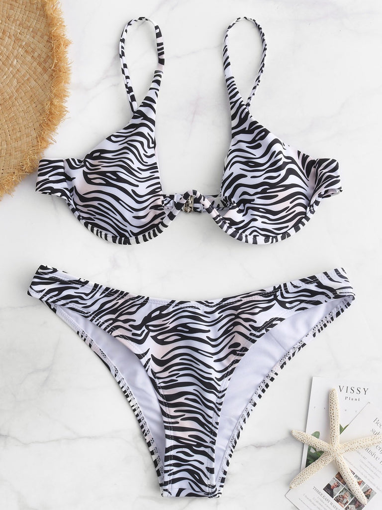 V-Neck Sleeveless Zebra Backless Bikini Set Swimwear