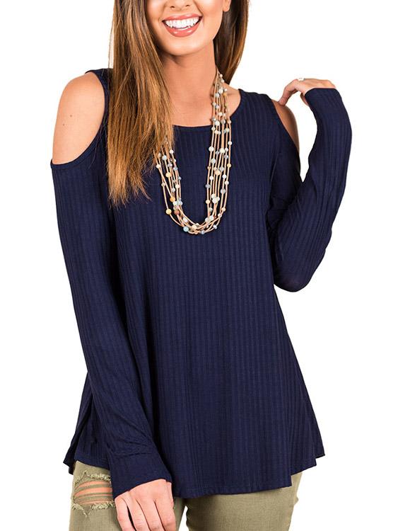 Round Neck Cold Shoulder Cut Out Long Sleeve Navy Top