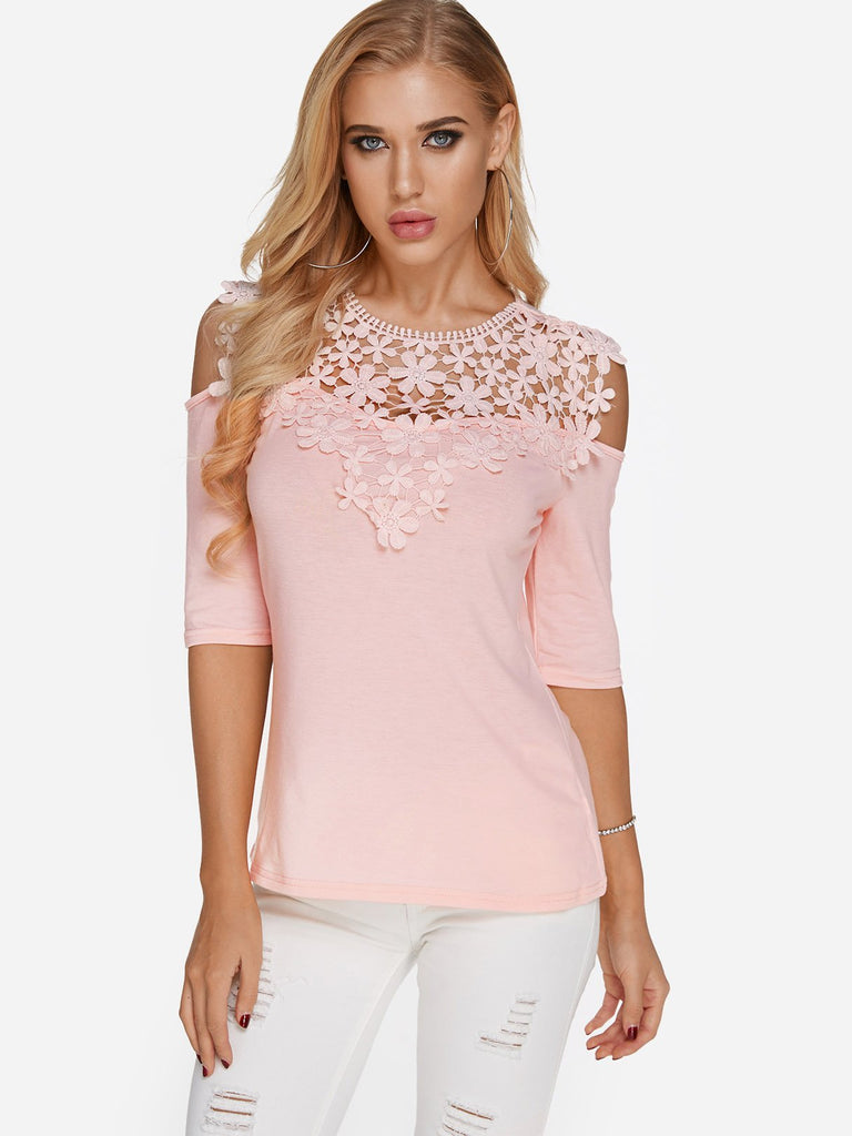 Cold Shoulder Plain Lace Half Sleeve Pink T-Shirts