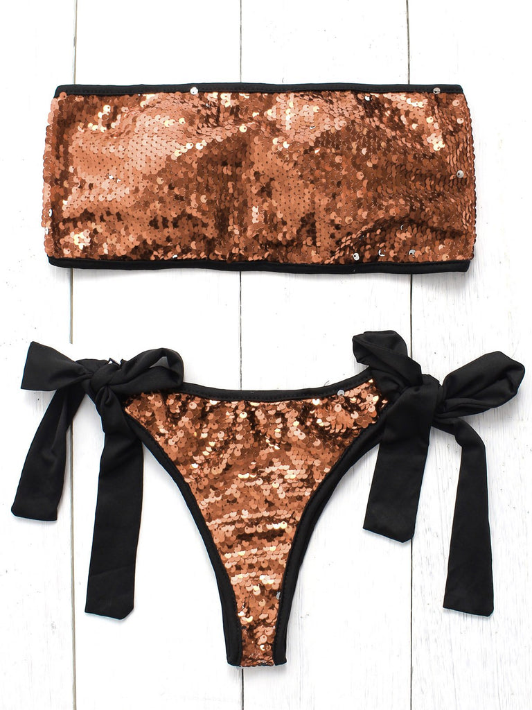 Strapless Sleeveless Sequins Embellished Tie-Up Bikinis