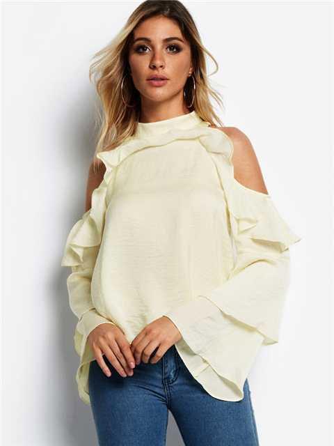 Cold Shoulder Plain Long Sleeve White Blouses