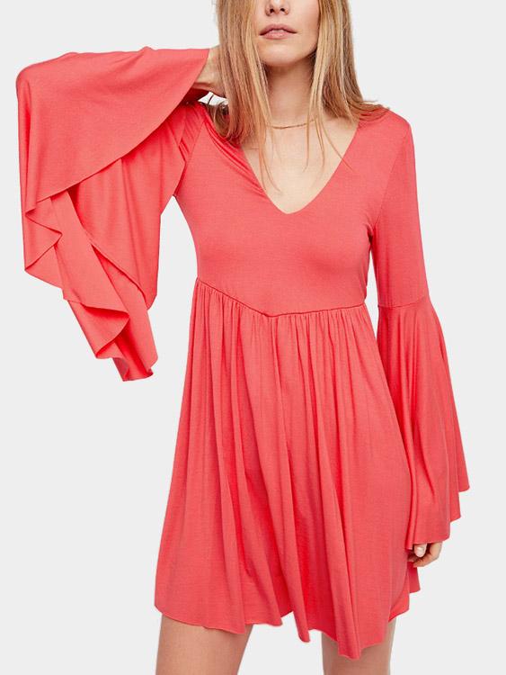 V-Neck Long Sleeve Lace-Up Cut Out Ruffle Hem Pink Mini Dress