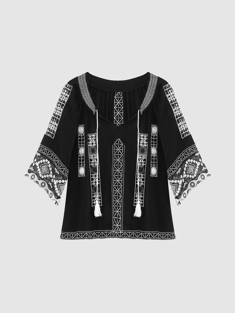 V-Neck Embroidered Lace Black Top