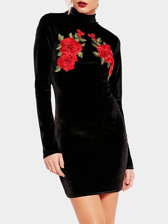 Black Perkins Collar Long Sleeve Embroidered Zip Back Dresses