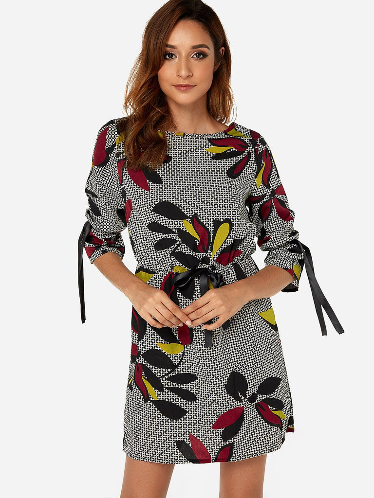 Round Neck Floral Print Self-Tie Dress