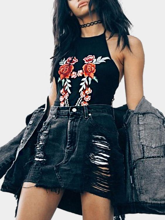 Halter Embroidered Sleeveless Black Camis