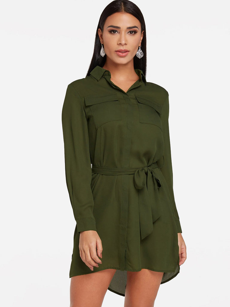 Green V-Neck Long Sleeve Self-Tie Slit Hem Shirt Dress