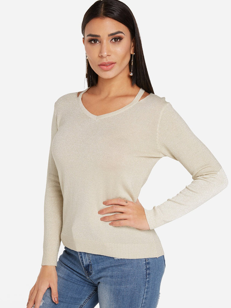 V-Neck Plain Long Sleeve Khaki Top