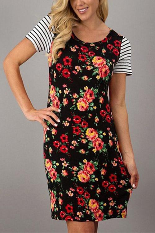Round Neck Floral Print Short Sleeve Dresses