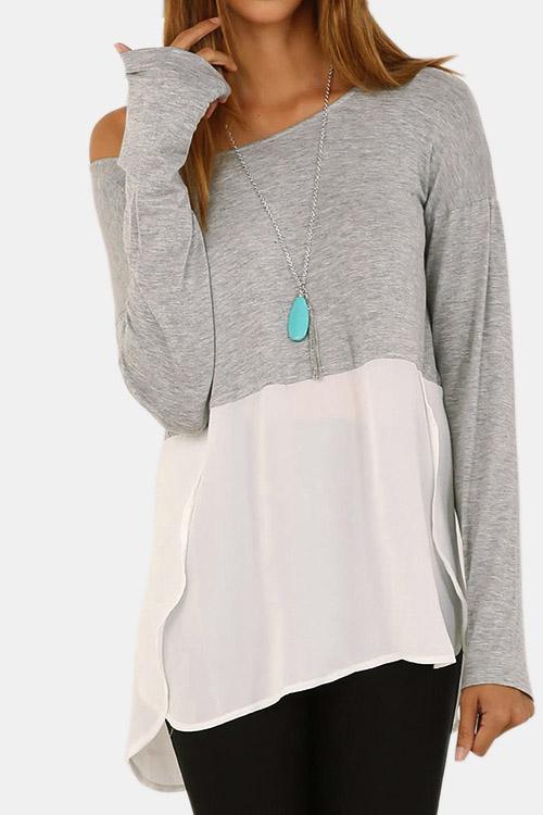 Round Neck Long Sleeve Curved Hem T-Shirt