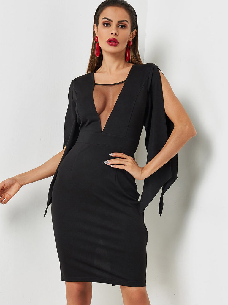 Black V-Neck Sleeveless See Through Slit Hem Midi Dress