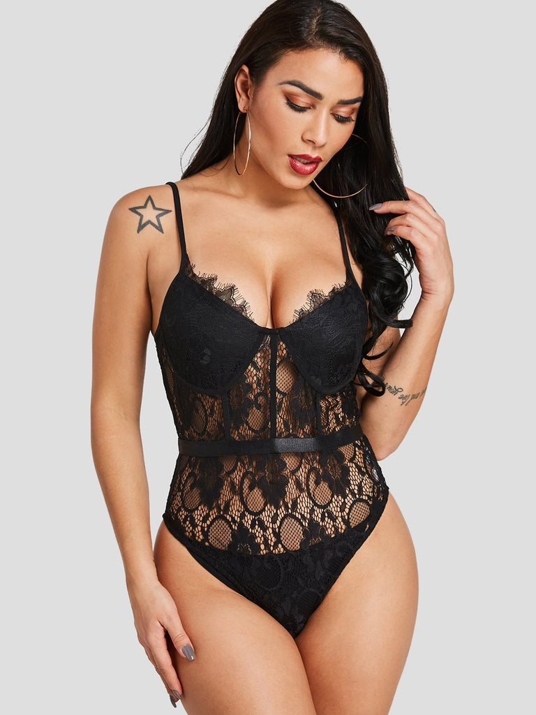 V-Neck Lace Sleeveless Black Bodysuits