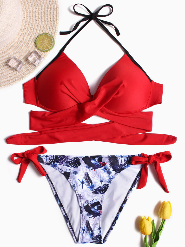 Halter Crossed Front Lace-Up Tie-Up Bikinis