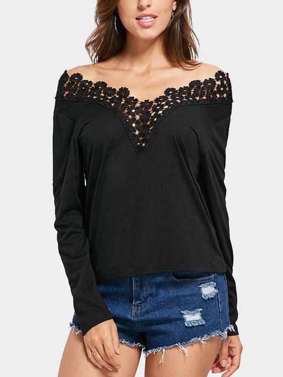Off The Shoulder Lace Lace-Up Long Sleeve Black Top