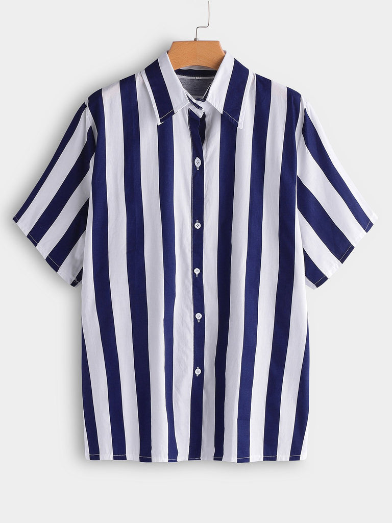 Lapel Collar Stripe Short Sleeve Plus Size Tops