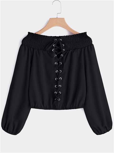Off The Shoulder Plain Lace-Up Long Sleeve Black Blouses