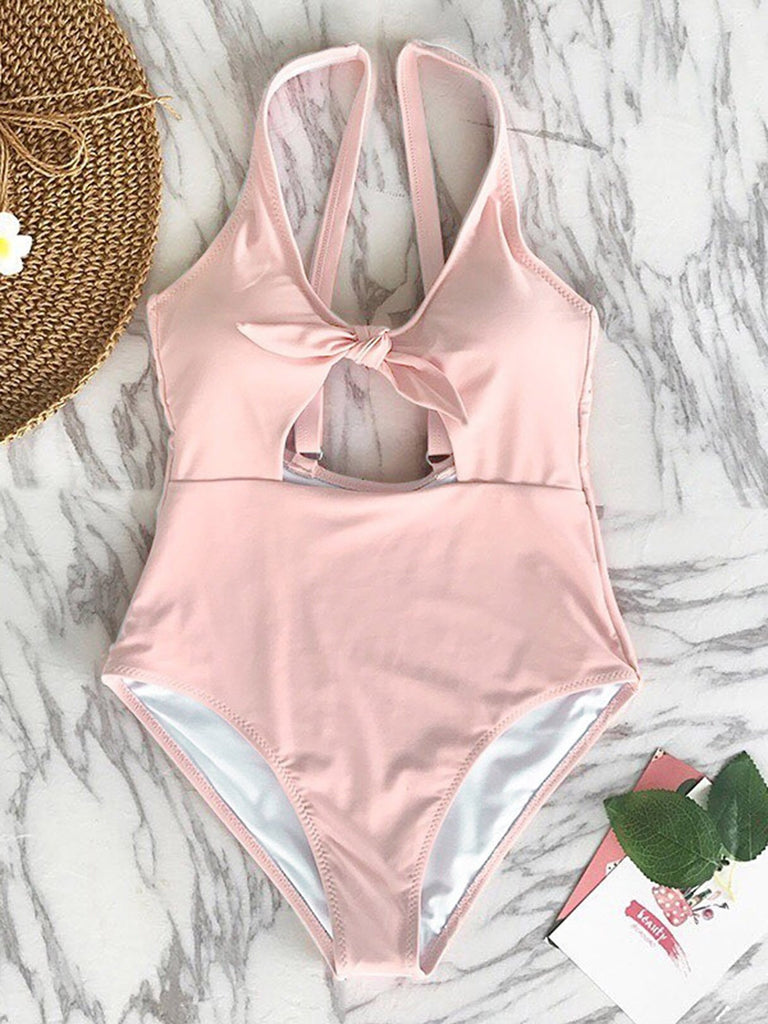 Scoop Neck Plain Hollow Spaghetti Strap Sleeveless Pink One-Pieces