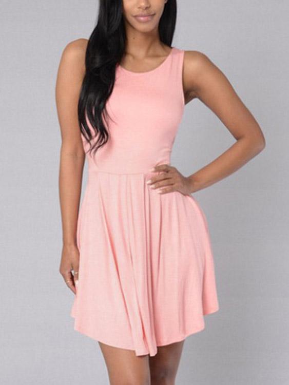 Pink Round Neck Sleeveless Backless Flounced Hem Mini Dresses