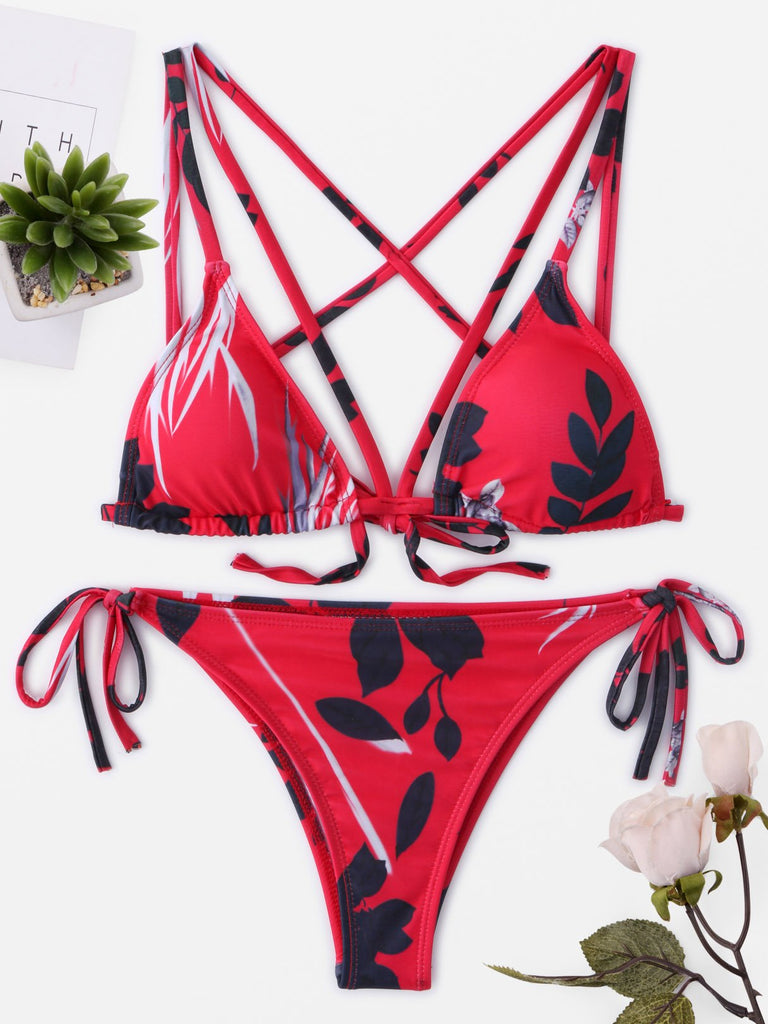 Floral Print Self-Tie Criss-Cross Sleeveless Red Bikini Set