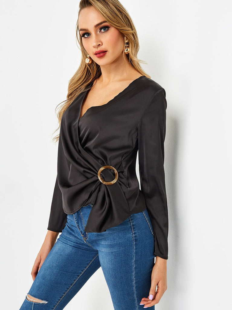 Crossed Collar Plain Long Sleeve Irregular Hem Black Blouses