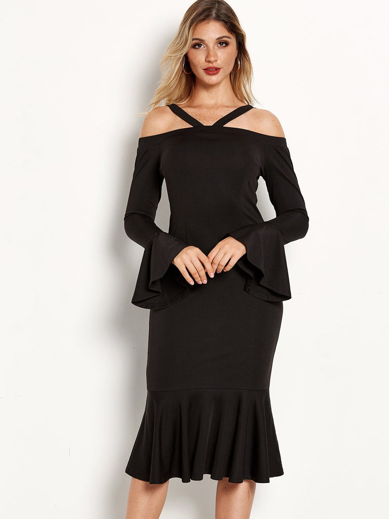 Black Cold Shoulder Long Sleeve Plain Sexy Dress