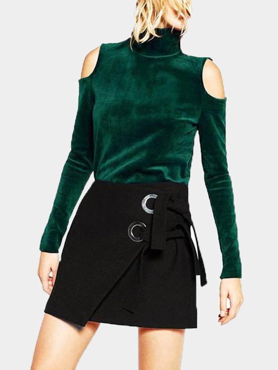 Cold Shoulder Long Sleeve Green T-Shirts