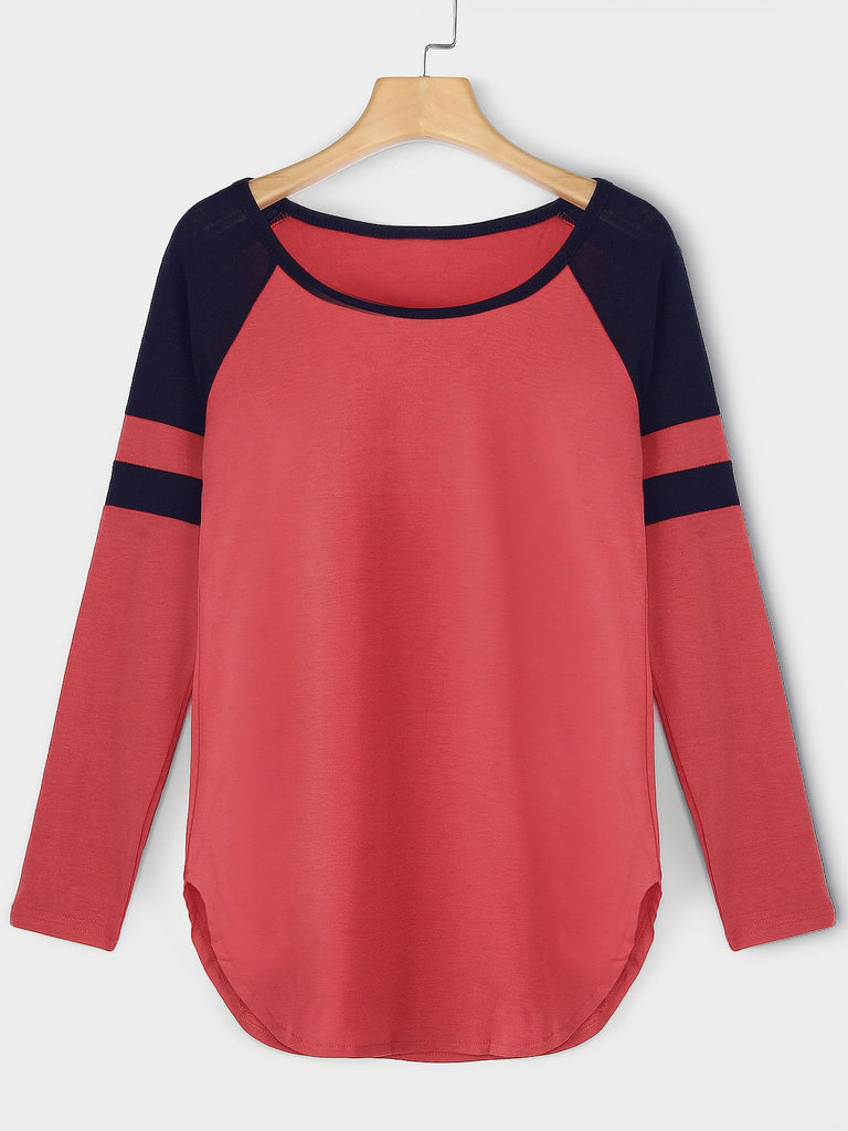 Round Neck Stripe Plain Long Sleeve Curved Hem Red T-Shirts