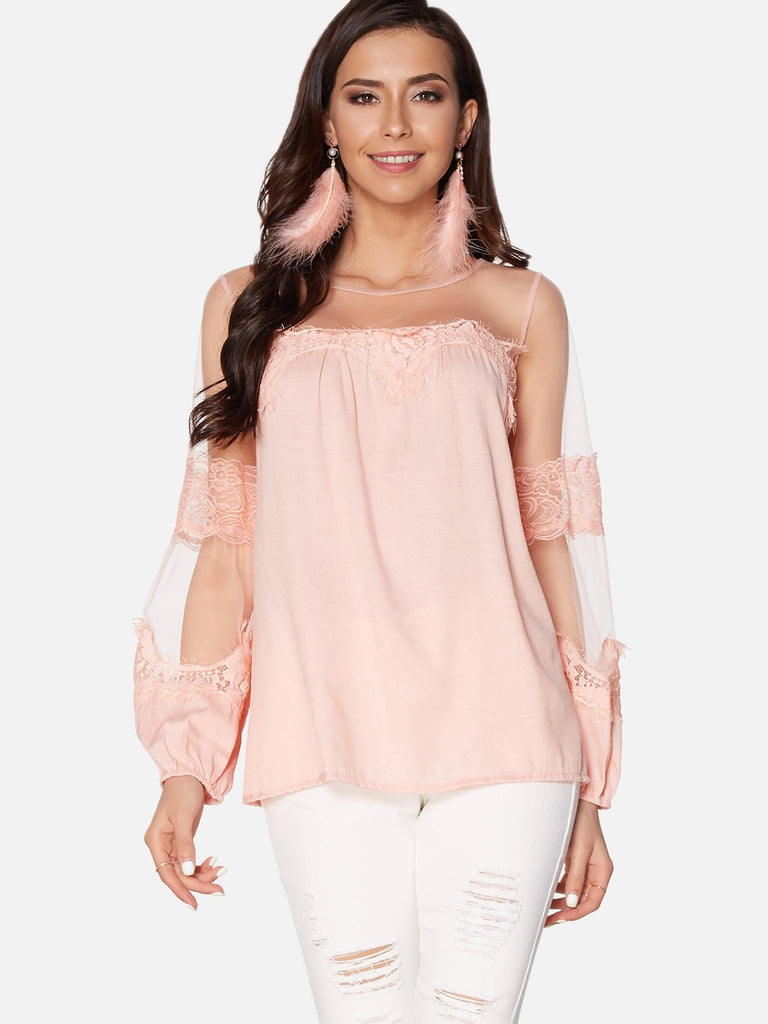 Round Neck Lace Long Sleeve Blouses