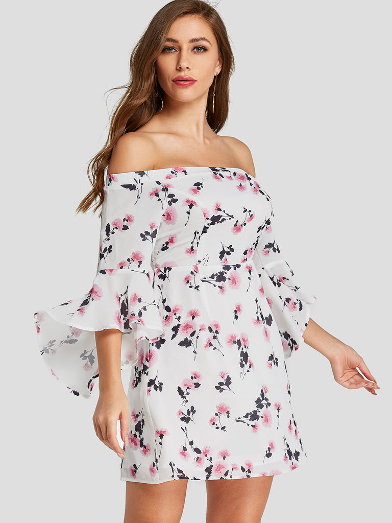 White Off The Shoulder Half Sleeve Floral Print Zip Back Mini Dresses