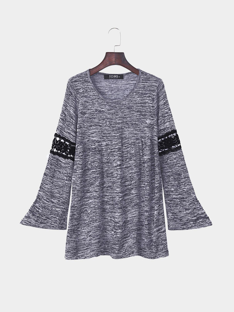 Round Neck Lace Long Sleeve Grey T-Shirts
