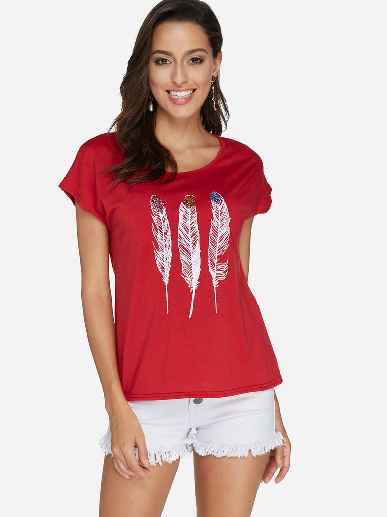 Round Neck Feather Pattern Short Sleeve T-Shirts